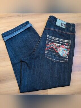 Vtg 5ive Jungle Jeans Mens 40x33 Dark Blue Embroidered Baggy Wide Leg Skater 5J